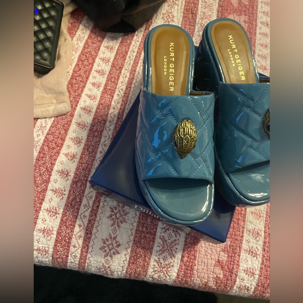 Kurt Geiger Blue Quilted Patent Platform Slide Mules